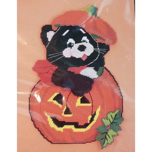 Bucilla Plastic Canvas Kit Halloween Black Cat Pumpkin Needlecraft Wall Art USA - Picture 2 of 7